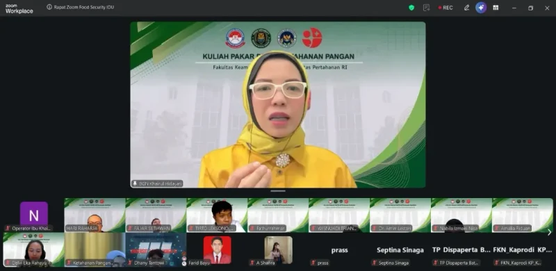 Kepala Biro Hukum dan Humas Badan Gizi Nasional (BGN), Khairul Hidayati, dalam kegiatan kuliah pakar yang diselenggarakan Universitas Pertahanan (Unhan) secara daring pada Jumat (8/5) dengan tema Penguatan Ketahanan Pangan Nasional melalui Inovasi Teknologi, Kebijakan Gizi dan Keamanan Pangan dalam Mendukung Keamanan Nasional.